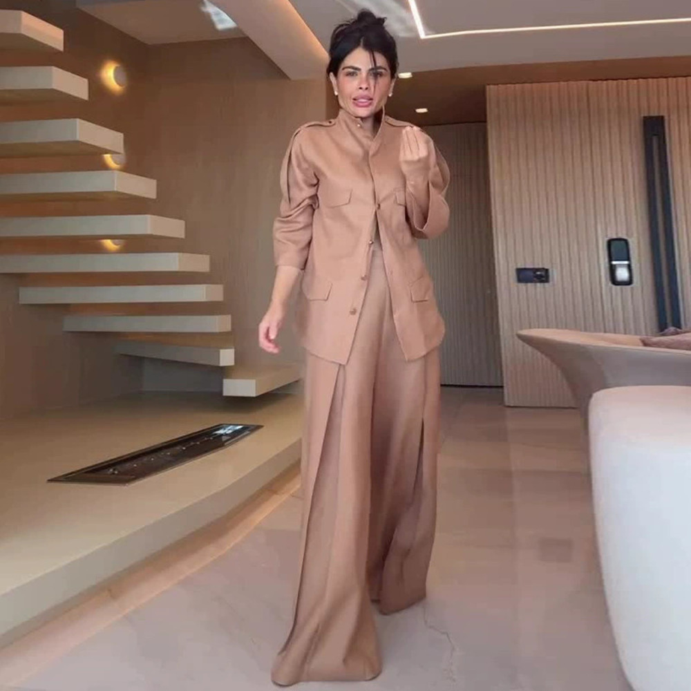 Forever 21 Fall 2-Piece Set Light Brown Stand Collar Top and Wide-Leg Pants